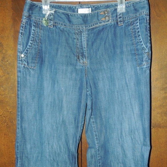 Ann Taylor LOFT - Button Tab, Cuffed Wide Leg Jeans in Saturated Rinse - Picture 1 of 7